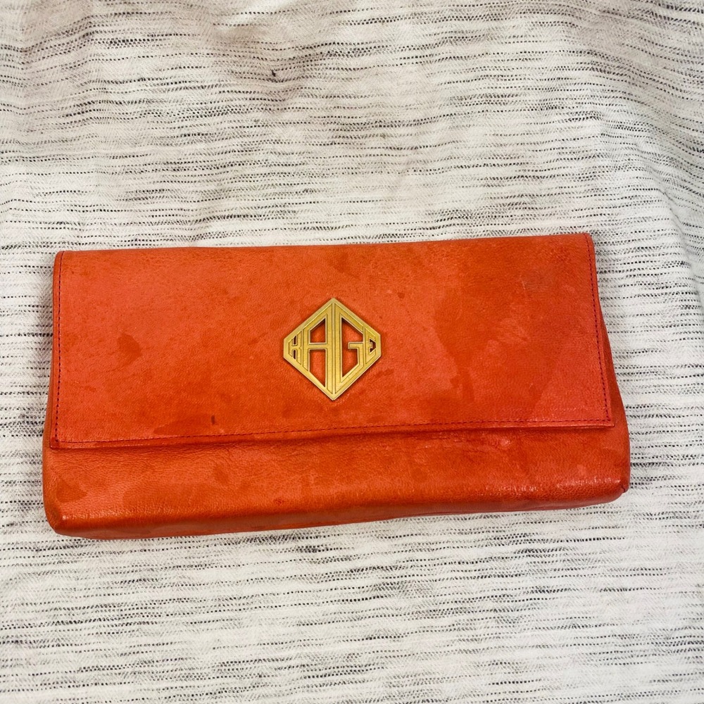 Kage Pink Orange Pure Leather Clutch Gold Logo Foldover Purse Colorful Bright